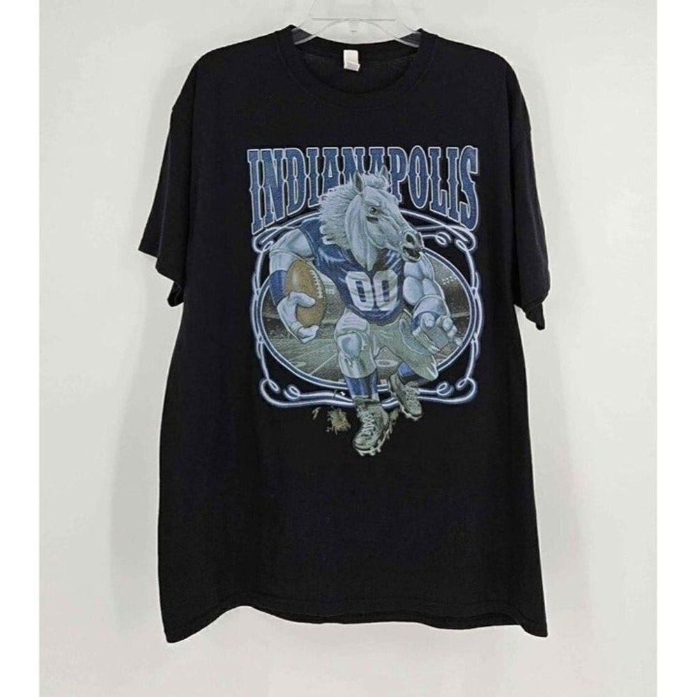 Jerzees Dri-Power Indianapolis Football Player Mascot T-Shirt Black Blue Sz XL